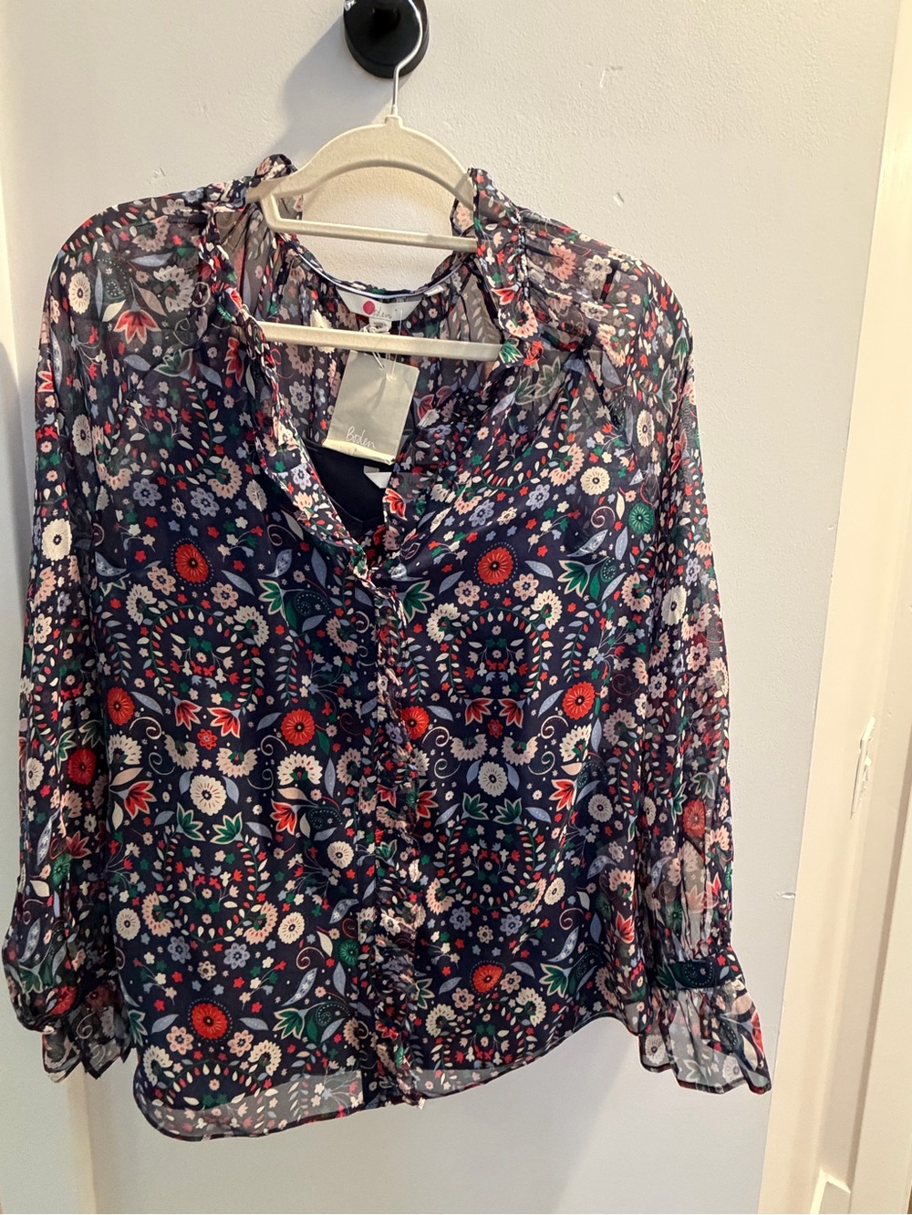 Boden Navy Floral Ruffle-Trim Blouse with Red & Green Accents